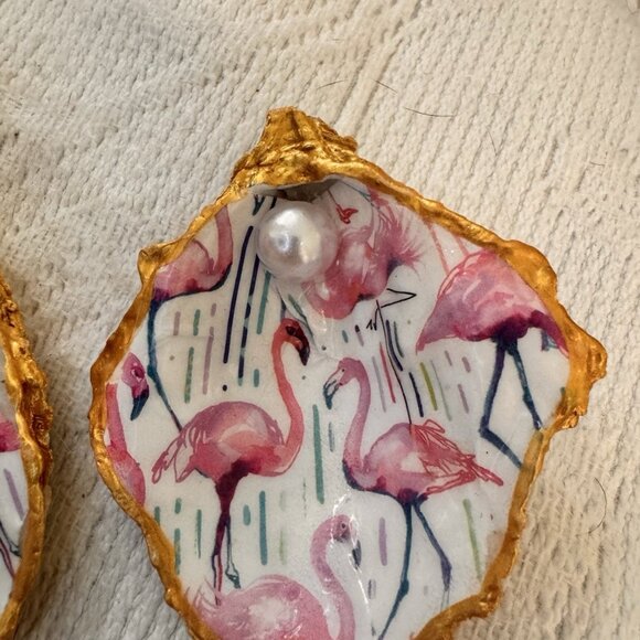 Handade Decoupage Oyster Shell Trinket Dish Pink Flamingos - Picture 5 of 10